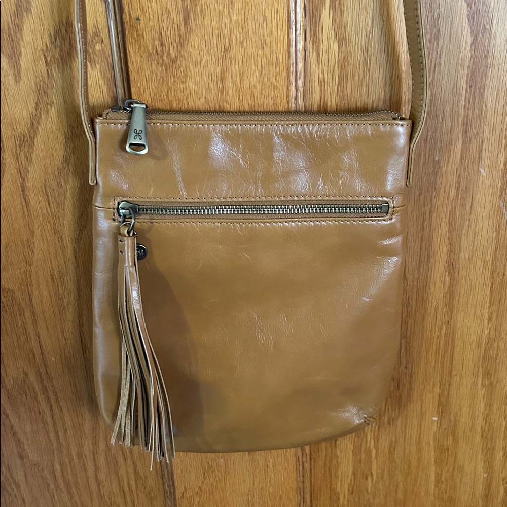 HOBO International Sarah Small Crossbody Leather Purse Tassel Tan Camel
